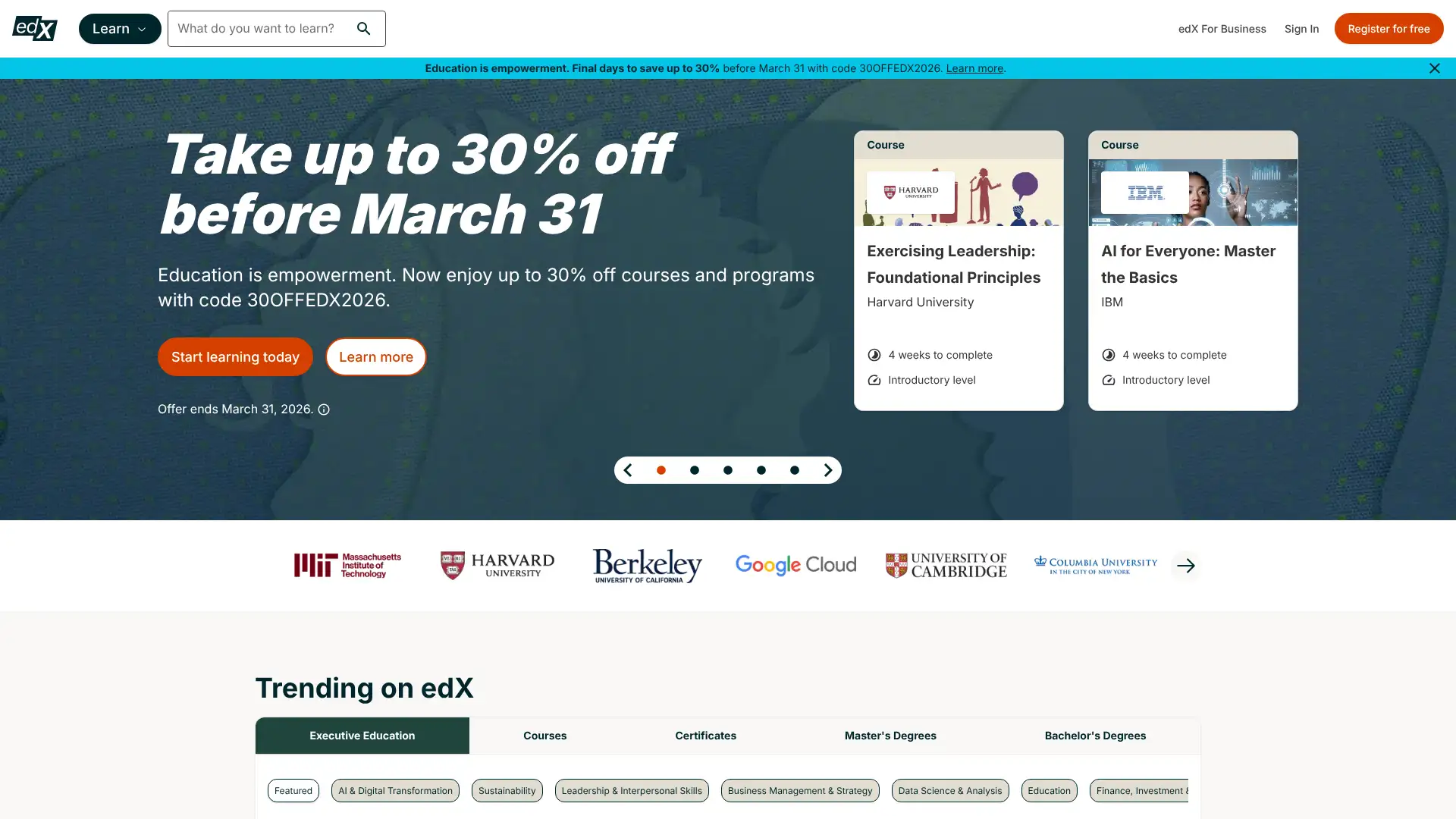 edX Masters Programs screenshot